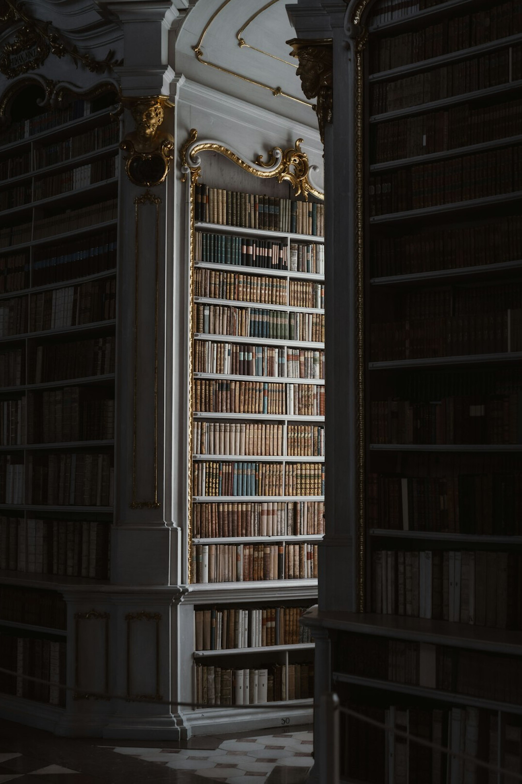 Old library with tall wooden shelves full of books